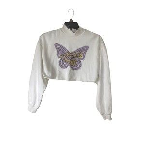 H&M Karma & Magic White Long Sleeve Crop Top Butterfly Small